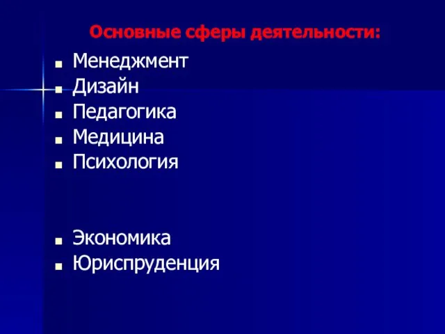 Основные сферы деятельности: Менеджмент Дизайн Педагогика Медицина Психология Экономика Юриспруденция