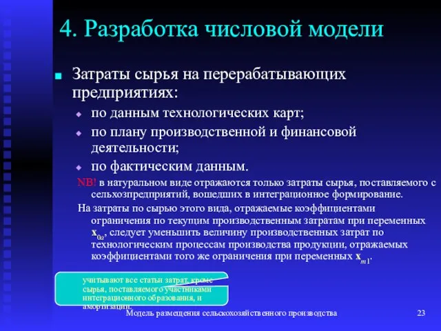 Модель размещения сельскохозяйственного производства 4. Разработка числовой модели Затраты сырья на перерабатывающих