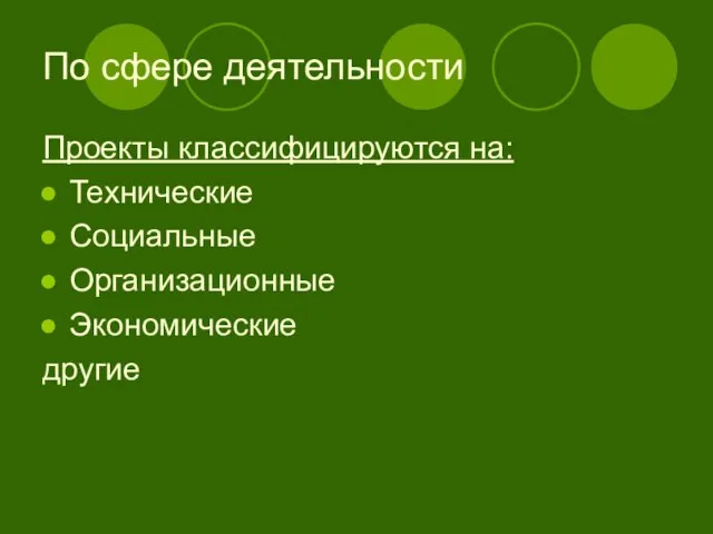 По сфере деятельности Проекты классифицируются на: Технические Социальные Организационные Экономические другие