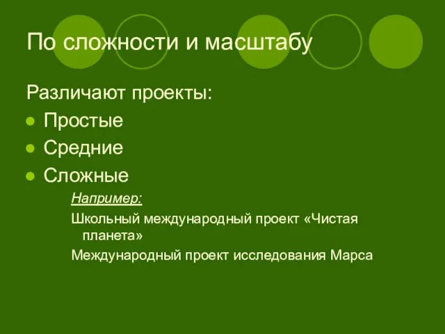 По сложности и масштабу Различают проекты: Простые Средние Сложные Например: Школьный международный