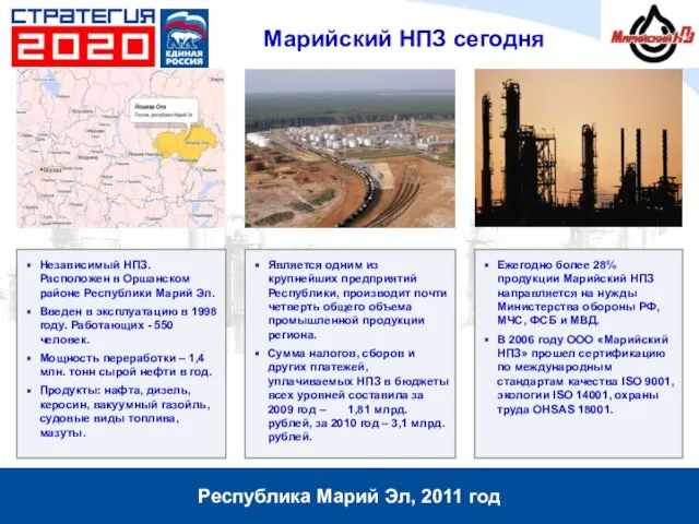 Республика Марий Эл, 2011 год Марийский НПЗ сегодня Является одним из крупнейших