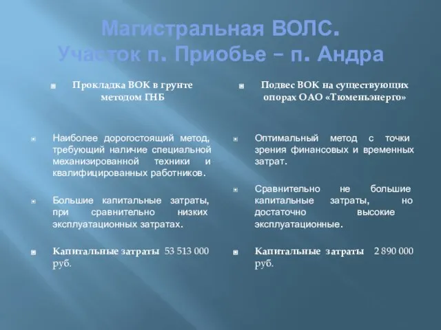 Магистральная ВОЛС. Участок п. Приобье – п. Андра Прокладка ВОК в грунте