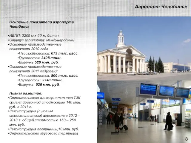 Аэропорт Челябинск Основные показатели аэропорта Челябинск ИВПП: 3200 м x 60 м,