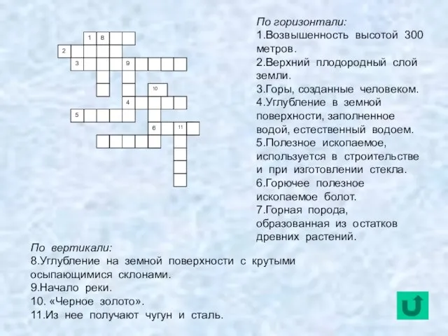 По горизонтали: 1.Возвышенность высотой 300 метров. 2.Верхний плодородный слой земли. 3.Горы, созданные