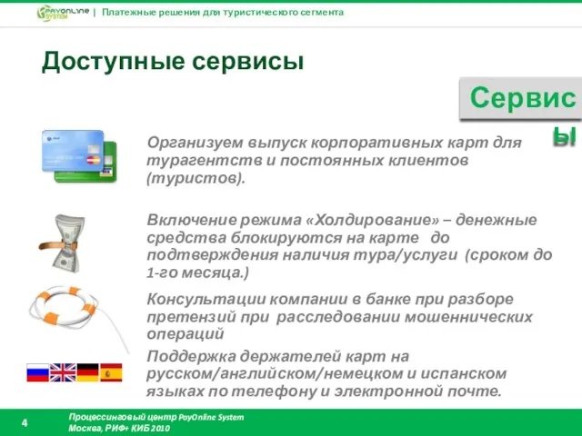 Доступные сервисы Сервисы Поддержка держателей карт на русском/английском/немецком и испанском языках по