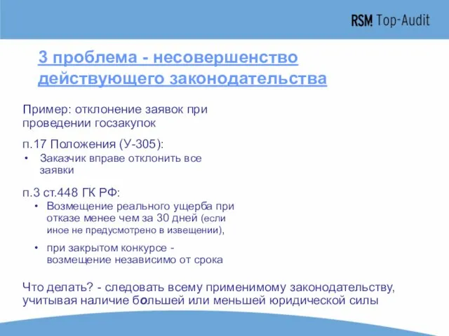 3 проблема - несовершенство действующего законодательства Пример: отклонение заявок при проведении госзакупок