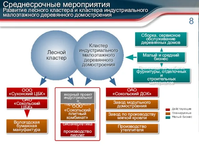 Среднесрочные мероприятия Развитие лесного кластера и кластера индустриального малоэтажного деревянного домостроения биоэнергетика: