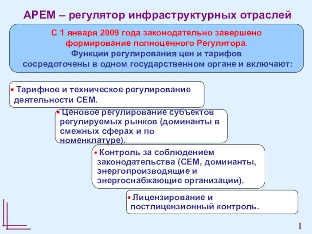 АРЕМ – регулятор инфраструктурных отраслей С 1 января 2009 года законодательно завершено