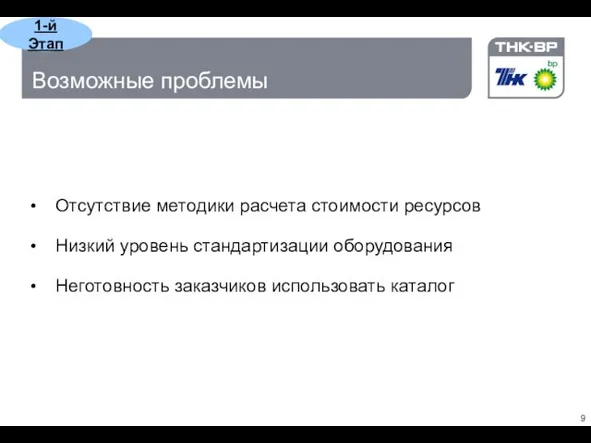 Возможные проблемы Отсутствие методики расчета стоимости ресурсов Низкий уровень стандартизации оборудования Неготовность