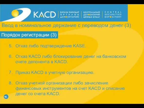 19. Порядок регистрации (3) Отказ либо подтверждение KASE. Отказ KACD либо блокирование