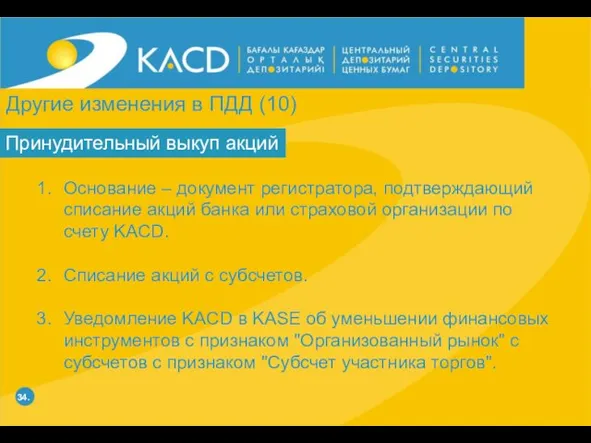 34. Принудительный выкуп акций Основание – документ регистратора, подтверждающий списание акций банка