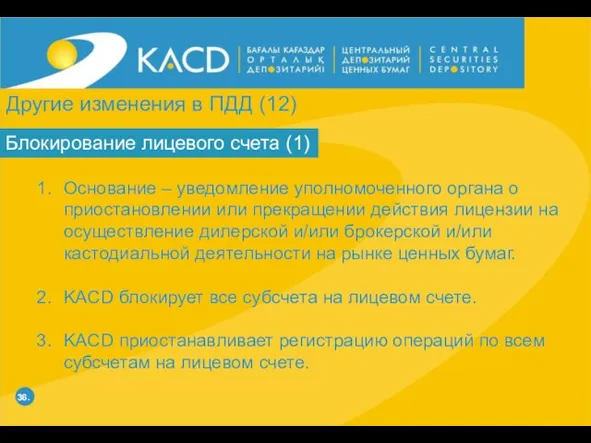 36. Блокирование лицевого счета (1) Основание – уведомление уполномоченного органа о приостановлении