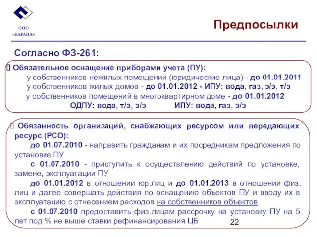 Предпосылки Согласно ФЗ-261: ООО «КАРАНА» Обязанность организаций, снабжающих ресурсом или передающих ресурс