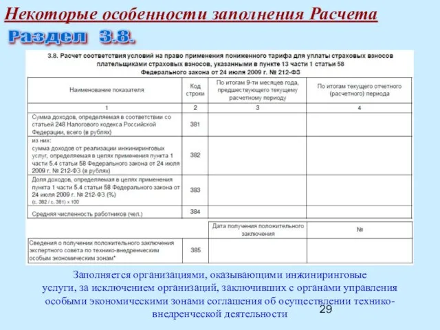 Некоторые особенности заполнения Расчета Раздел 3.8. Заполняется организациями, оказывающими инжиниринговые услуги, за