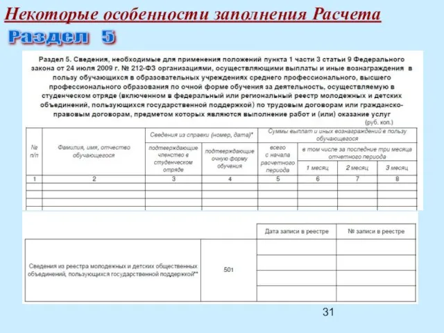 Некоторые особенности заполнения Расчета Раздел 5