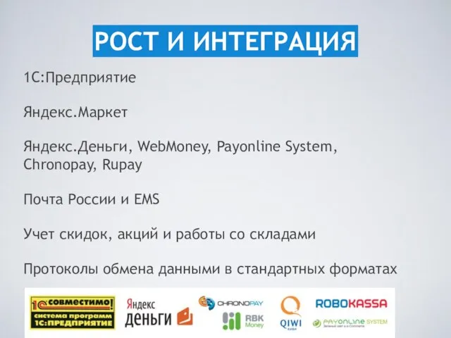 1С:Предприятие Яндекс.Маркет Яндекс.Деньги, WebMoney, Payonline System, Chronopay, Rupay Почта России и EMS