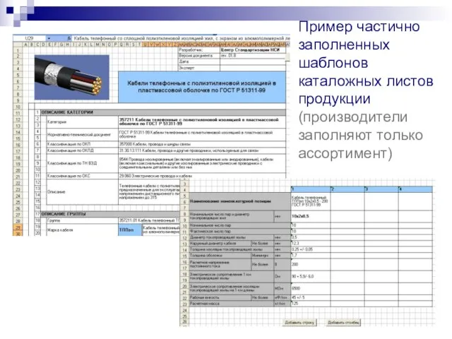 Пример частично заполненных шаблонов каталожных листов продукции (производители заполняют только ассортимент)