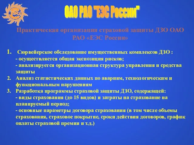 ОАО РАО "ЕЭС России" Практическая организация страховой защиты ДЗО ОАО РАО «ЕЭС