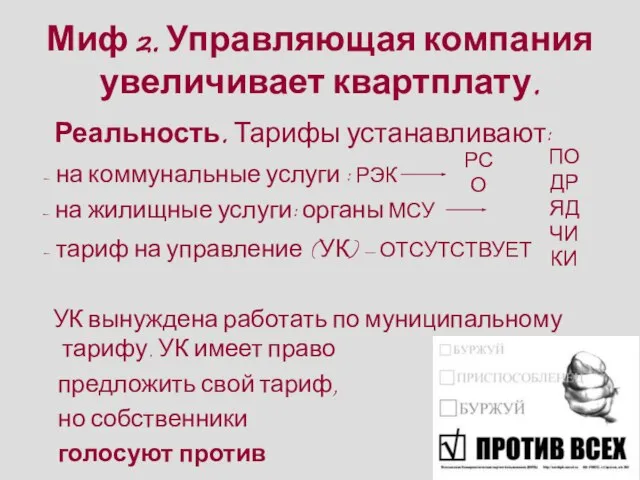 Миф 2. Управляющая компания увеличивает квартплату. Реальность. Тарифы устанавливают: - на коммунальные