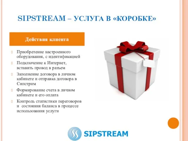 SIPSTREAM – УСЛУГА В «КОРОБКЕ» Приобретение настроенного оборудования, с идентификацией Подключение к