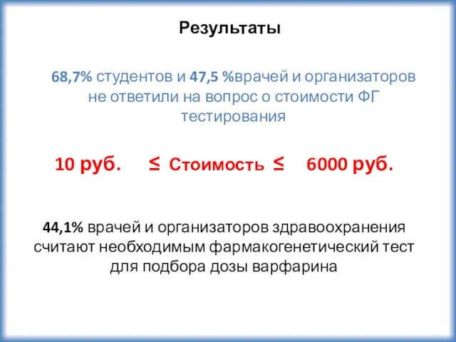 Результаты 10 руб. ≤ Стоимость ≤ 6000 руб. 68,7% студентов и 47,5