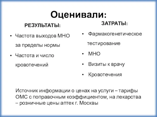 Оценивали: РЕЗУЛЬТАТЫ: Частота выходов МНО за пределы нормы Частота и число кровотечений