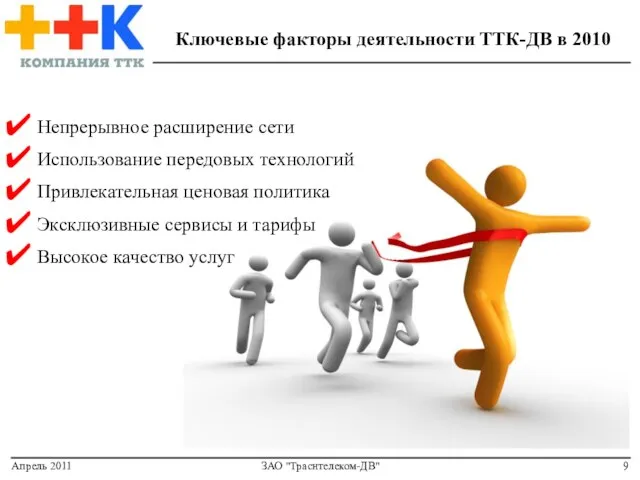 Апрель 2011 ЗАО "Траснтелеком-ДВ" Ключевые факторы деятельности ТТК-ДВ в 2010 Непрерывное расширение