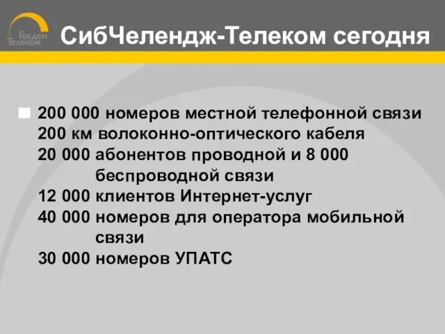 200 000 номеров местной телефонной связи 200 км волоконно-оптического кабеля 20 000