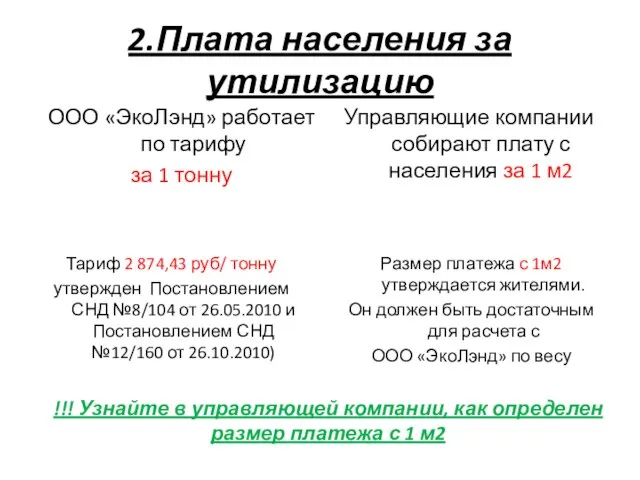 2.Плата населения за утилизацию Тариф 2 874,43 руб/ тонну утвержден Постановлением СНД