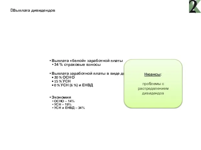 Выплата дивидендов Выплата «белой» заработной платы 34 % страховые взносы Выплата заработной