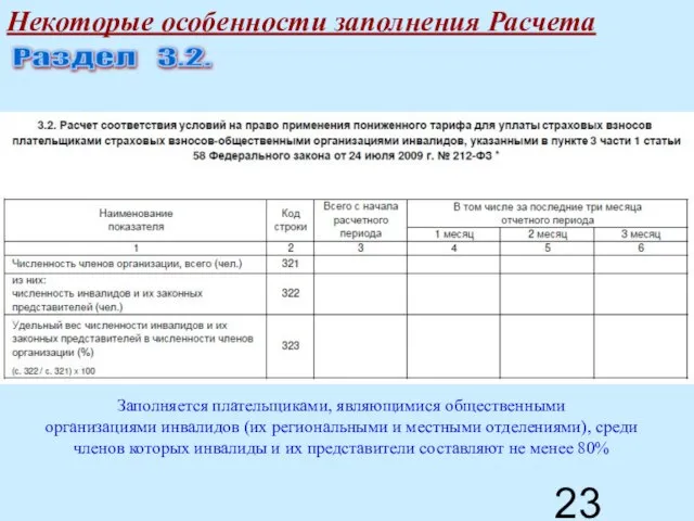 Некоторые особенности заполнения Расчета Раздел 3.2. Заполняется плательщиками, являющимися общественными организациями инвалидов