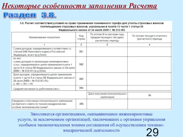 Некоторые особенности заполнения Расчета Раздел 3.8. Заполняется организациями, оказывающими инжиниринговые услуги, за