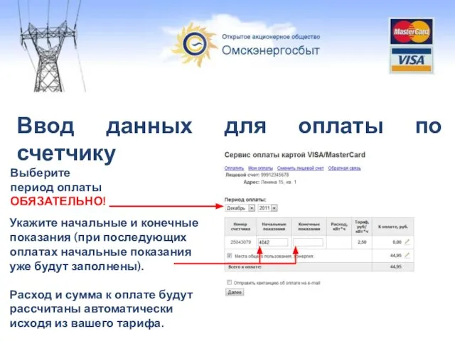 Ввод данных для оплаты по счетчику Расход и сумма к оплате будут