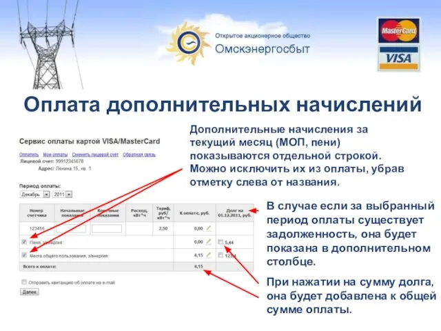 Оплата дополнительных начислений В случае если за выбранный период оплаты существует задолженность,