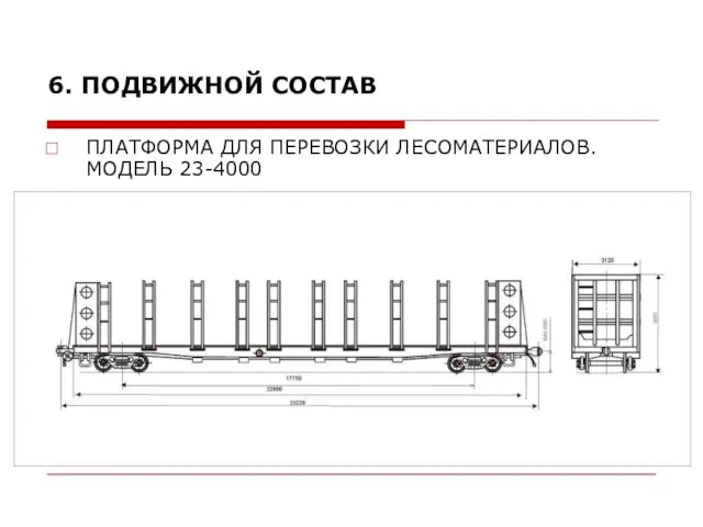 ПЛАТФОРМА ДЛЯ ПЕРЕВОЗКИ ЛЕСОМАТЕРИАЛОВ. МОДЕЛЬ 23-4000 6. ПОДВИЖНОЙ СОСТАВ