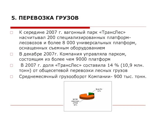 К середине 2007 г. вагонный парк «ТрансЛес» насчитывал 200 специализированных платформ-лесовозов и