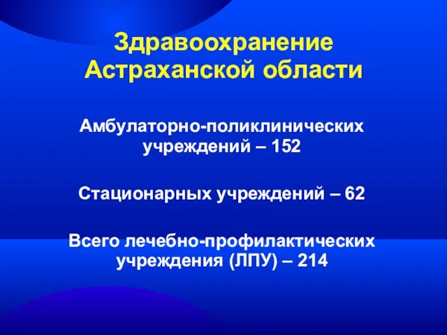 Здравоохранение Астраханской области Амбулаторно-поликлинических учреждений – 152 Стационарных учреждений – 62 Всего