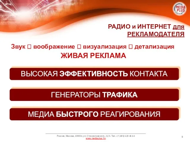 ВЫСОКАЯ ЭФФЕКТИВНОСТЬ КОНТАКТА РАДИО и ИНТЕРНЕТ для РЕКЛАМОДАТЕЛЯ Звук ? воображение ?