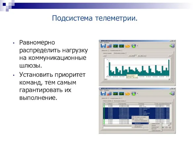 Равномерно распределить нагрузку на коммуникационные шлюзы. Установить приоритет команд, тем самым гарантировать их выполнение. Подсистема телеметрии.