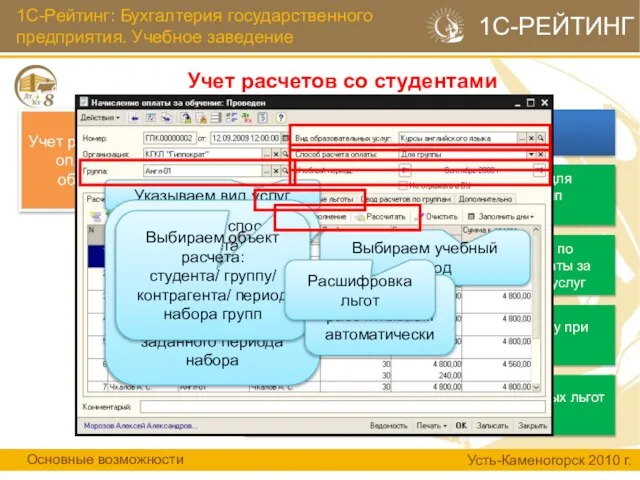 1С-Рейтинг: Бухгалтерия государственного предприятия. Учебное заведение Учет расчетов со студентами Основные возможности