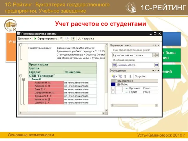 1С-Рейтинг: Бухгалтерия государственного предприятия. Учебное заведение Учет расчетов со студентами Основные возможности