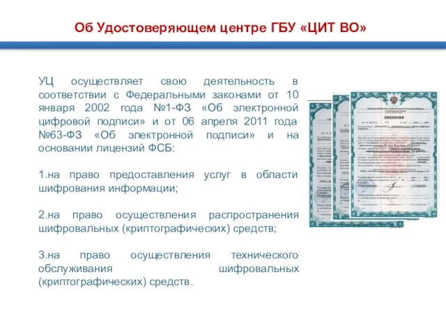 Об Удостоверяющем центре ГБУ «ЦИТ ВО» УЦ осуществляет свою деятельность в соответствии