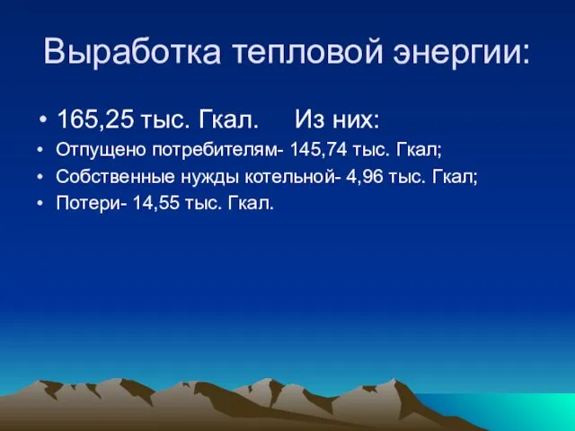 Выработка тепловой энергии: 165,25 тыс. Гкал. Из них: Отпущено потребителям- 145,74 тыс.