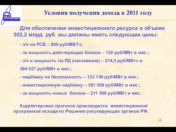 Условия получения дохода в 2011 году Для обеспечения инвестиционного ресурса в объеме