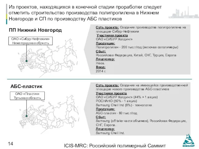 ICIS-MRC: Российский полимерный Саммит 14.10.2010, Москва Из проектов, находящихся в конечной стадии