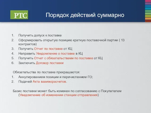 Порядок действий суммарно Получить допуск к поставке Сформировать открытую позицию кратную поставочной