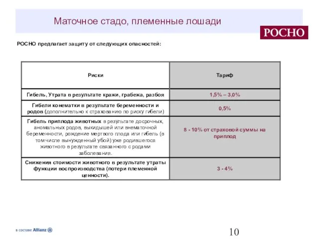 Маточное стадо, племенные лошади РОСНО предлагает защиту от следующих опасностей: