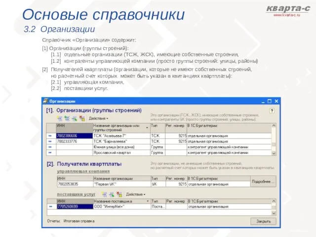 Основые справочники 3.2 Организации Справочник «Организации» содержит: [1] Организации (группы строений): [1.1]