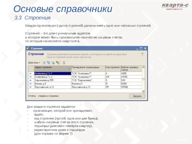 Основые справочники 3.3 Строения Каждая организация (группа строений) должны иметь одно или