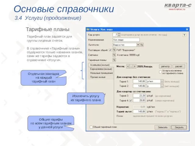 Основые справочники 3.4 Услуги (продолжение) Тарифные планы Отдельная закладка на каждый тарифный